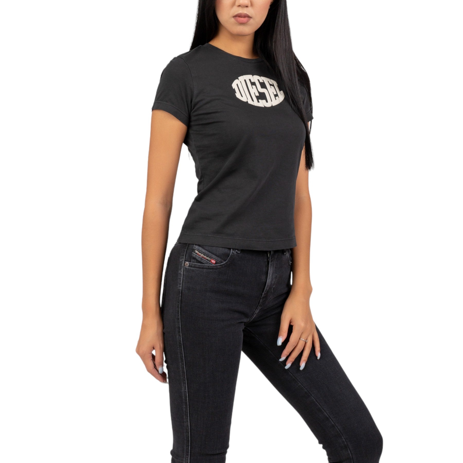 DIESEL T-SLI-E2 Womens Short Sleeve T Shirt Crew Neck Casual Summer Tee Black