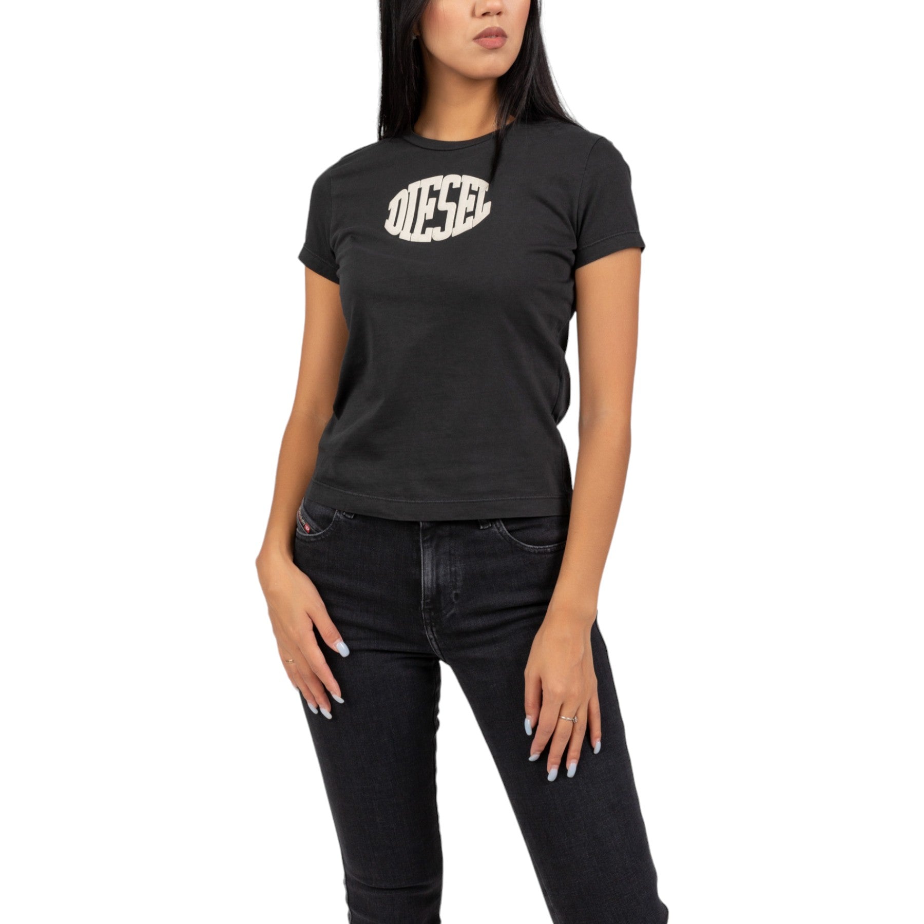 DIESEL T-SLI-E2 Womens Short Sleeve T Shirt Crew Neck Casual Summer Tee Black