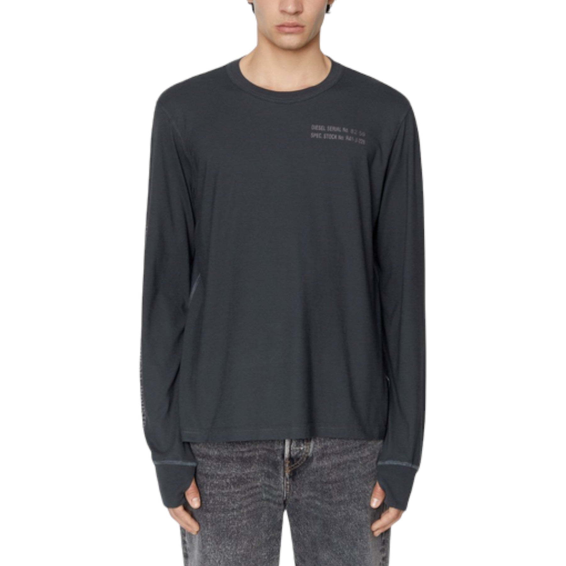 DIESEL T-JUBIND-LS-SLITS Mens T Shirts Cotton Crew Neck Long Sleeve Black Tee