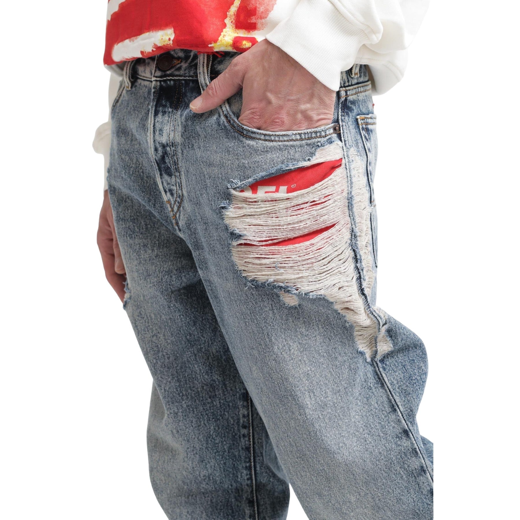 DIESEL 1955 09E10 Mens Denim Jeans Distressed Regular Fit Straight Ripped Jeans