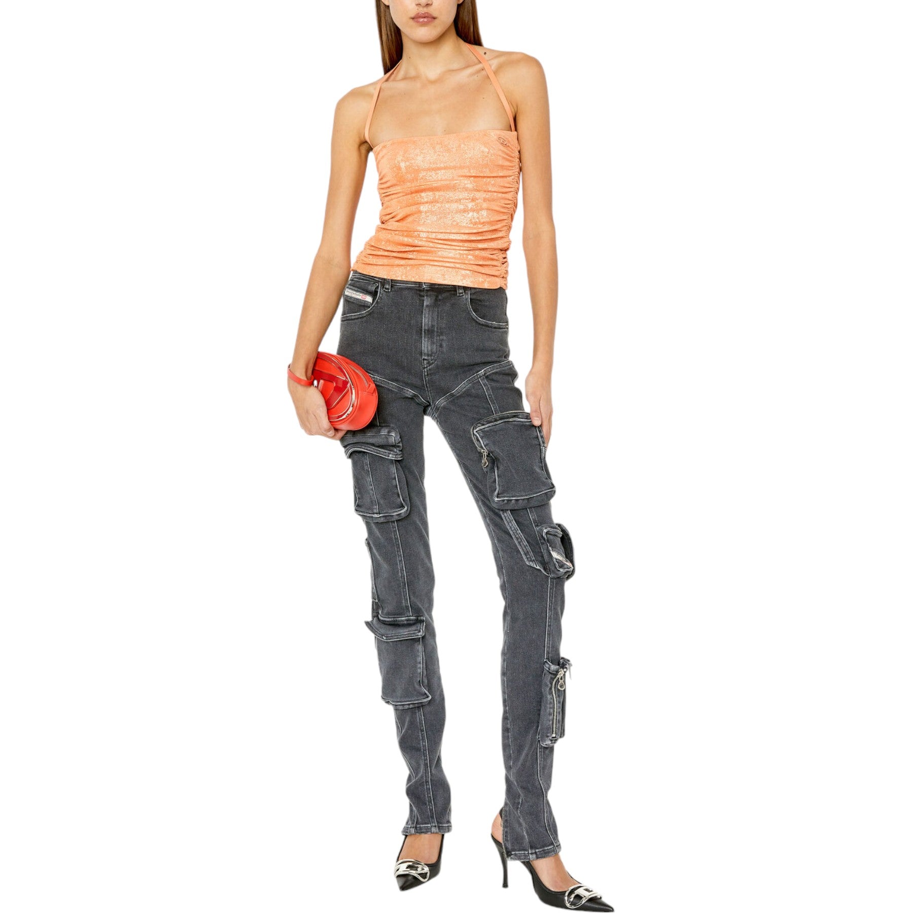 Diesel T-DRU Womens Laminated Jersey Halter Neck Sleeveless Vintage Party Tops