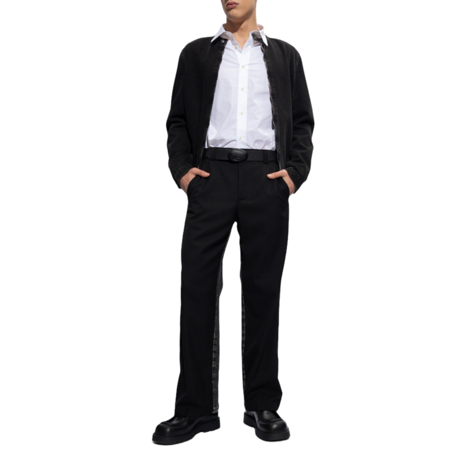 DIESEL P-Wire-A Mens Paneled Denim Trousers Wide Leg Mid Waist Baggy Jeans Black