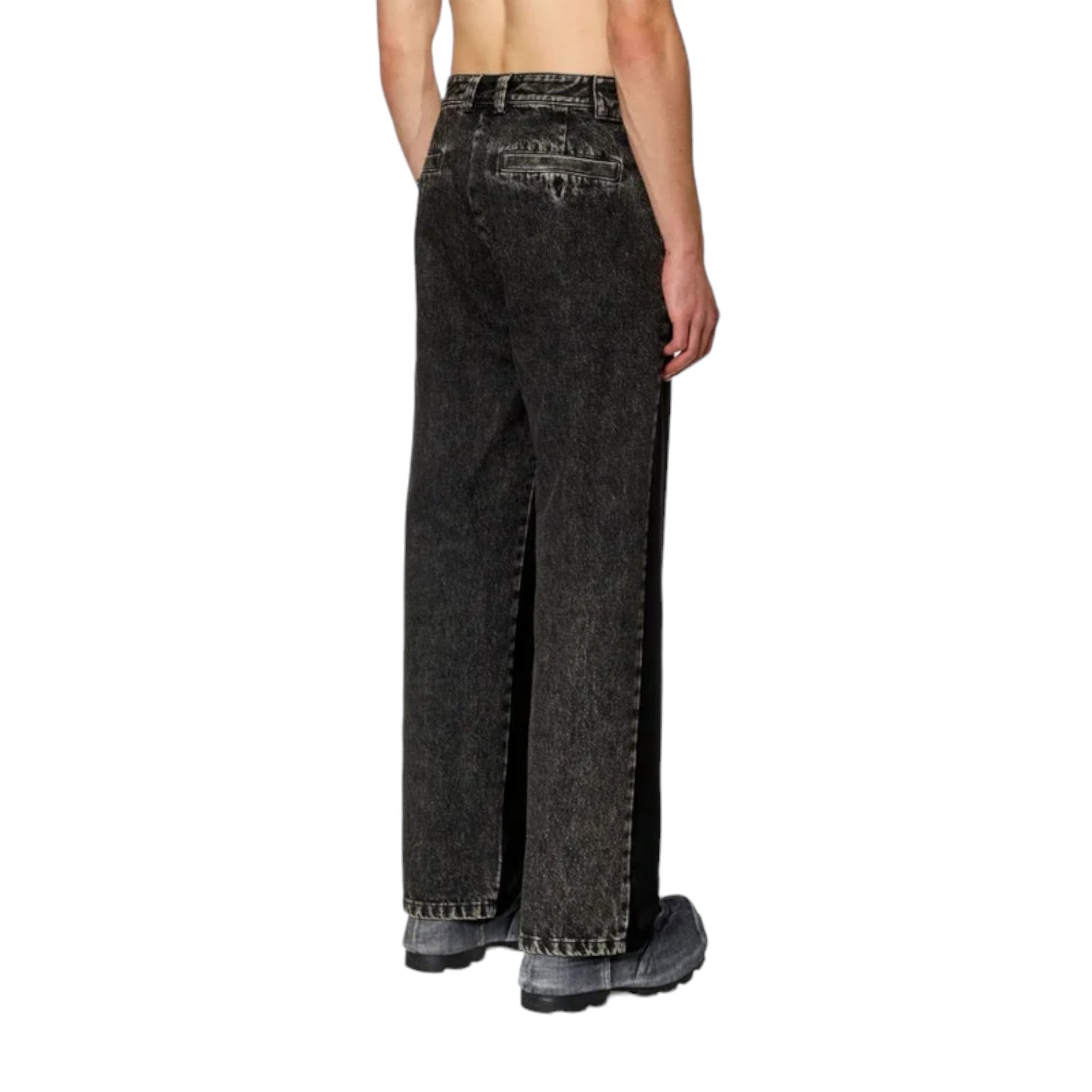 DIESEL P-Wire-A Mens Paneled Denim Trousers Wide Leg Mid Waist Baggy Jeans Black