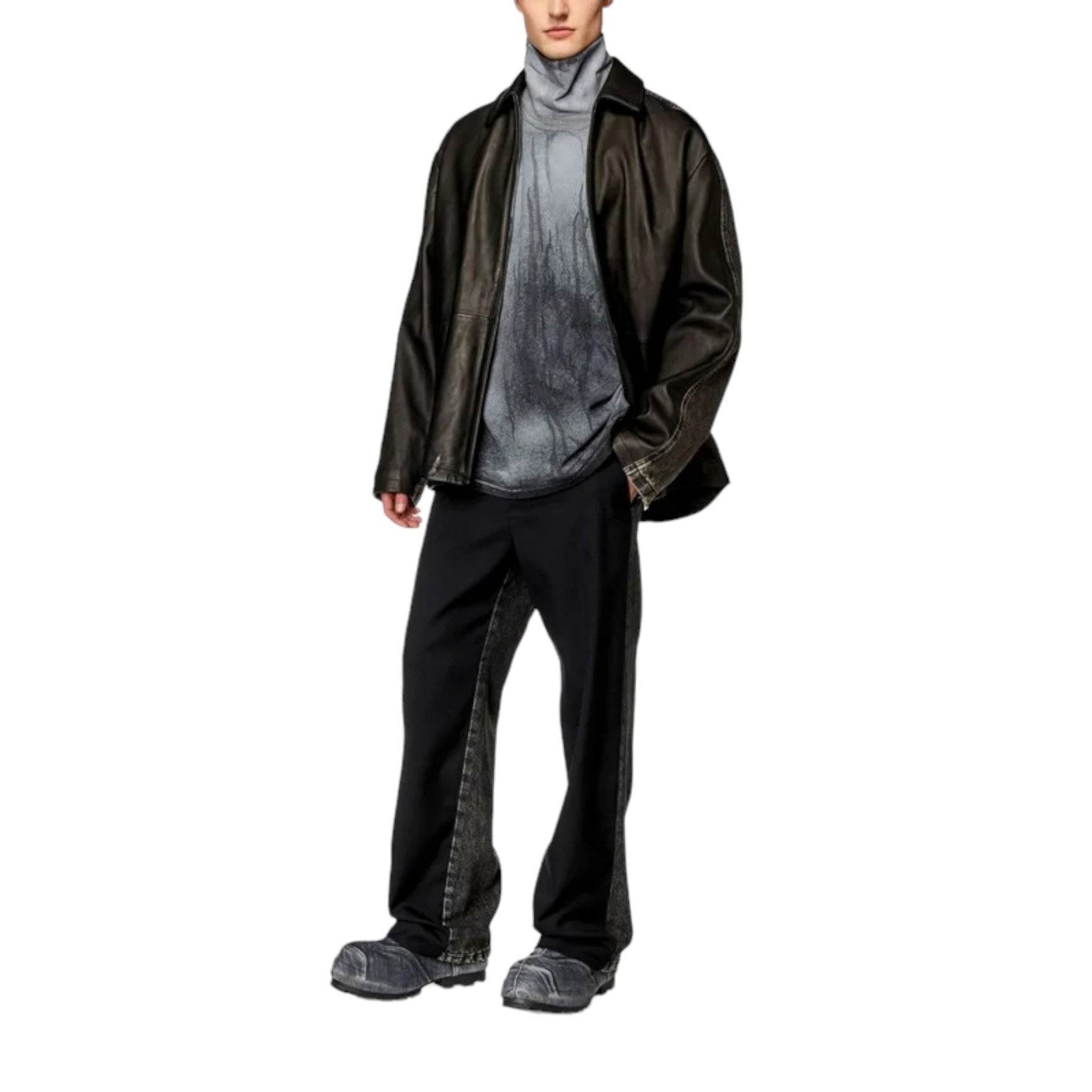 DIESEL P-Wire-A Mens Paneled Denim Trousers Wide Leg Mid Waist Baggy Jeans Black