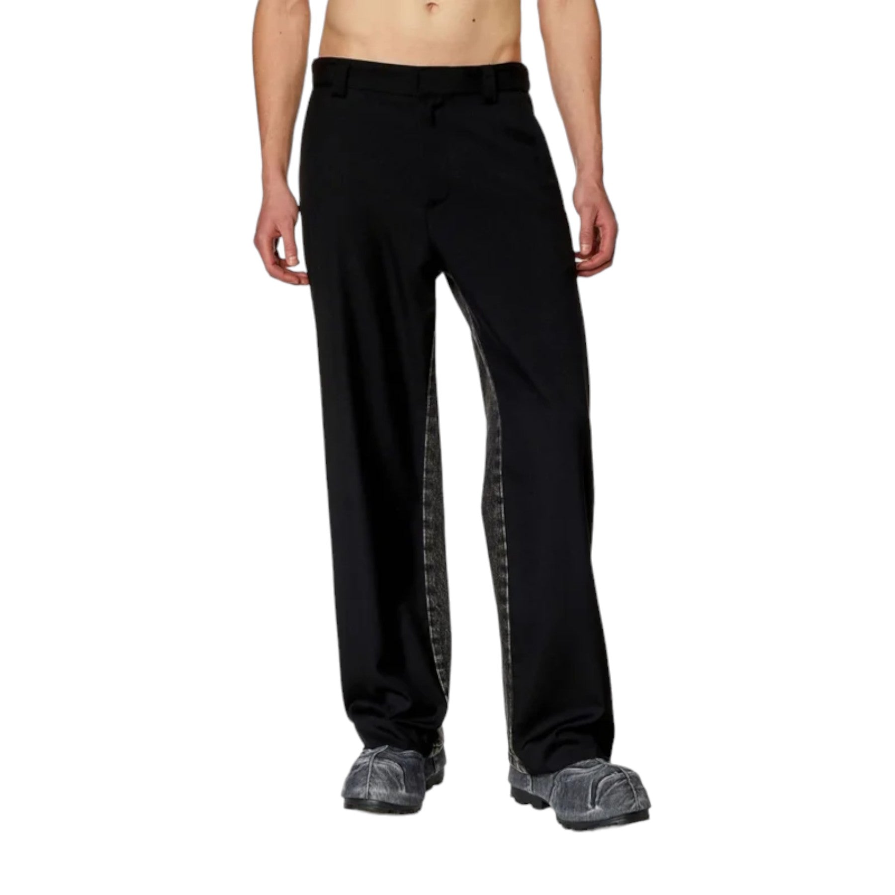 DIESEL P-Wire-A Mens Paneled Denim Trousers Wide Leg Mid Waist Baggy Jeans Black