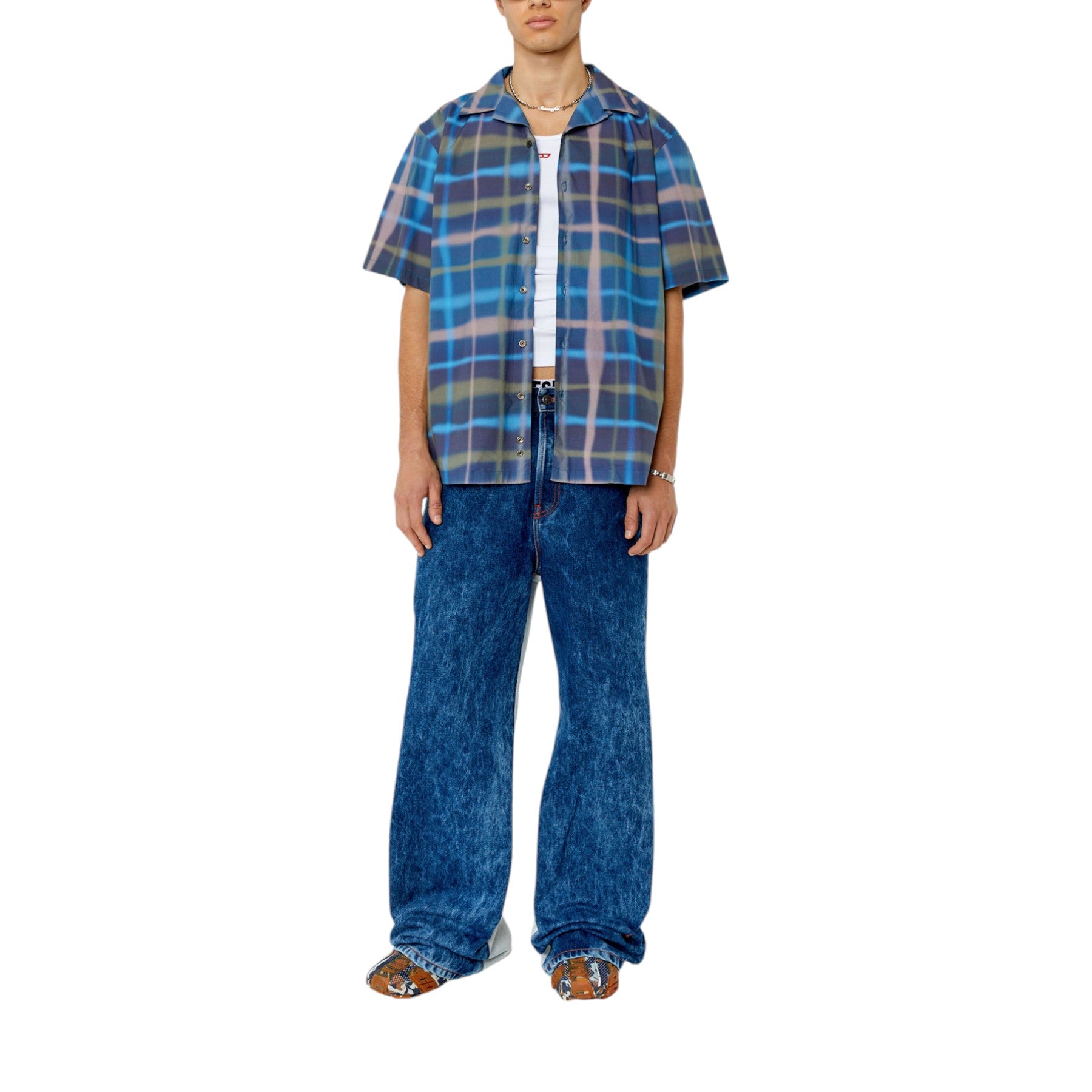 DIESEL S-FRANK-CHECK 0DMAT Mens Check Shirt Short Sleeve Casual Cotton Tops New