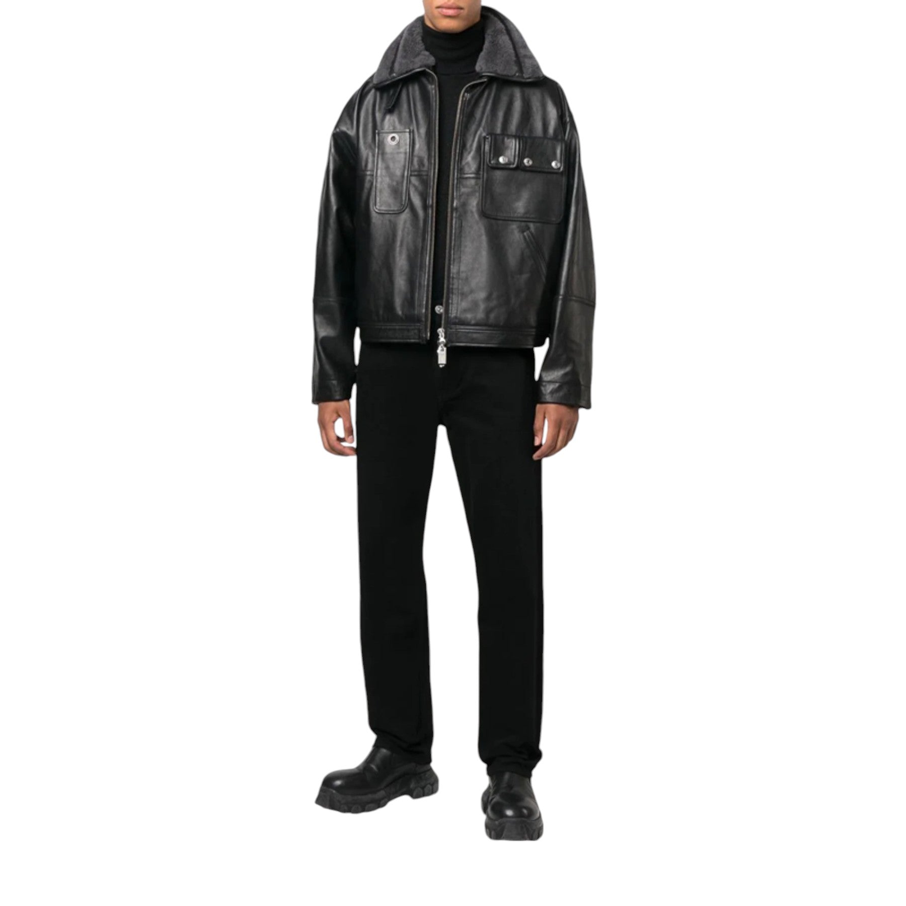 DIESEL L-GILBERT-FUR Mens Leather Jacket Aviator Lambskin Casual Biker Jacket S