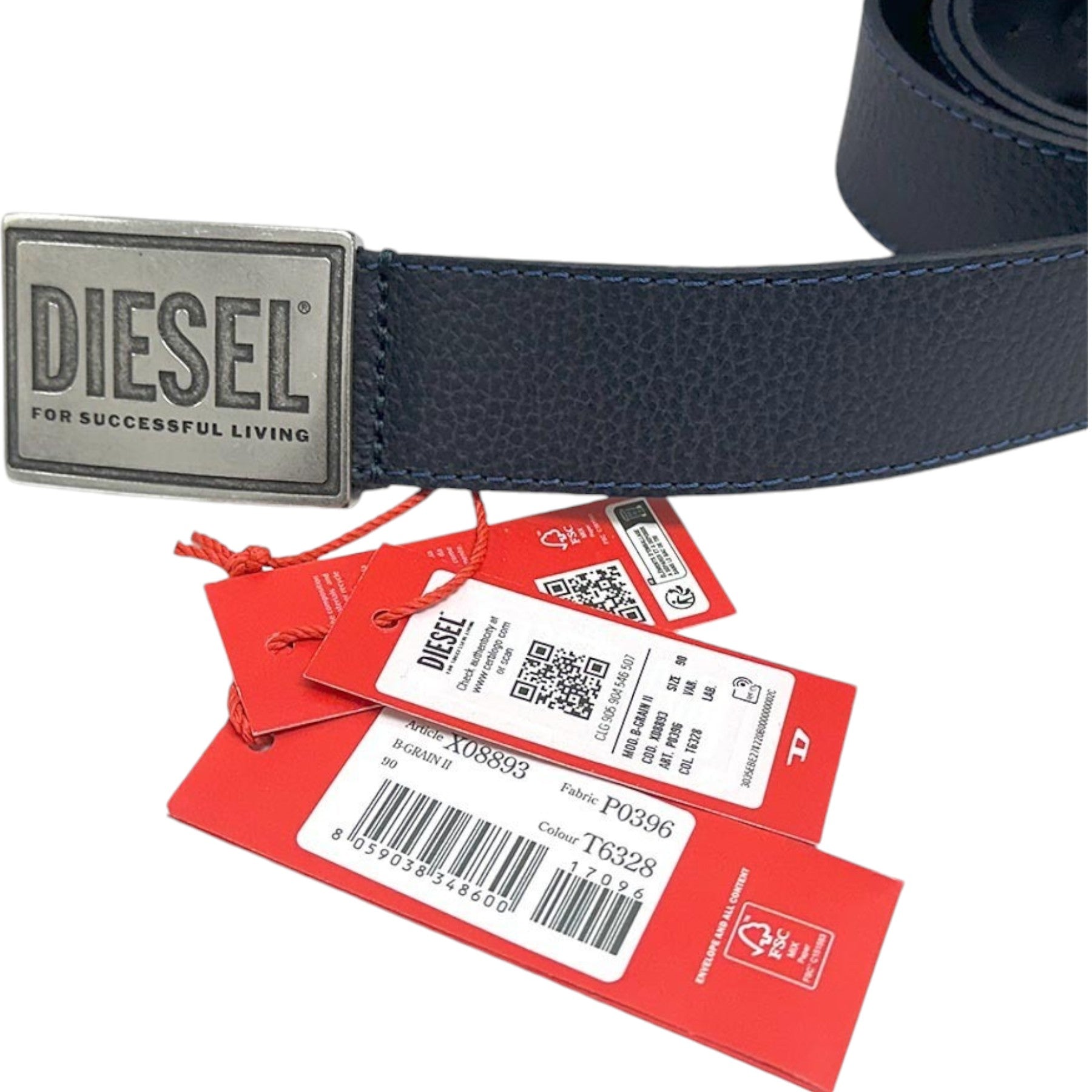 DIESEL B-GRAIN Mens Genuine Leather Belts For Trousers Jeans Metal Buckle Navy