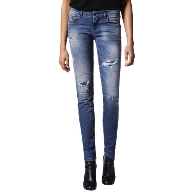 DIESEL GRUPEE 0679C Womens Jeans Super Slim Fit Distress Casual Blue Denim Pants