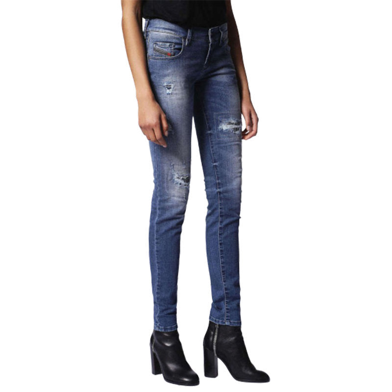 DIESEL GRUPEE 0679C Womens Jeans Super Slim Fit Distress Casual Blue Denim Pants