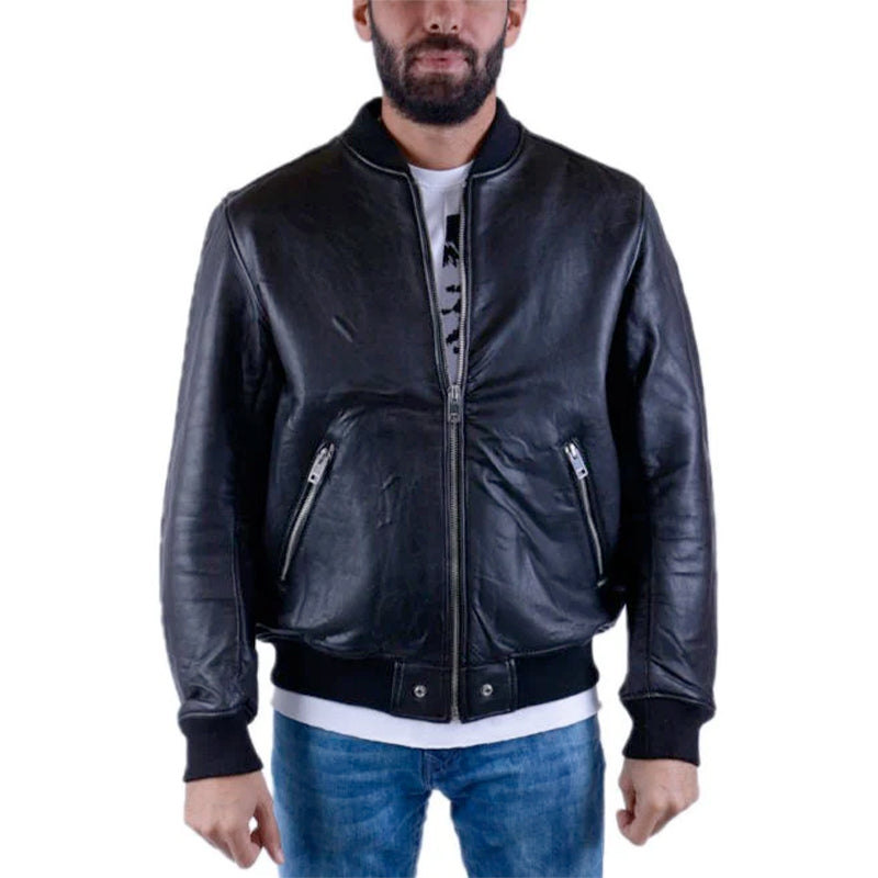 DIESEL Mens Jackets Genuine Leather Bomber Full Zipped Winter Outwear Black Coat