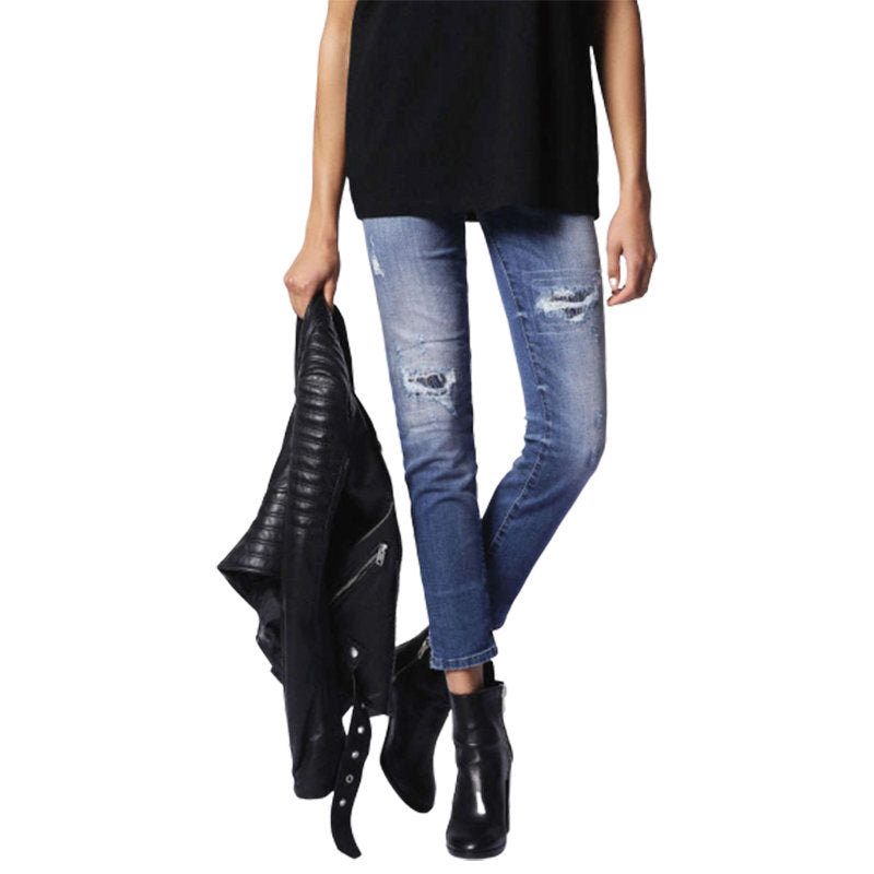 DIESEL GRUPEE 0679C Womens Jeans Super Slim Fit Distress Casual Blue Denim Pants