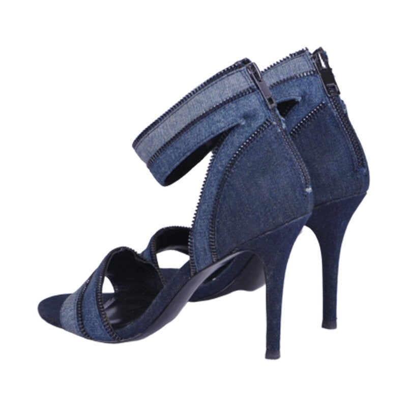 DIESEL Womens High Heels Denim Blue Slip On Open Toe Casual Pump Shoes RRP- £180