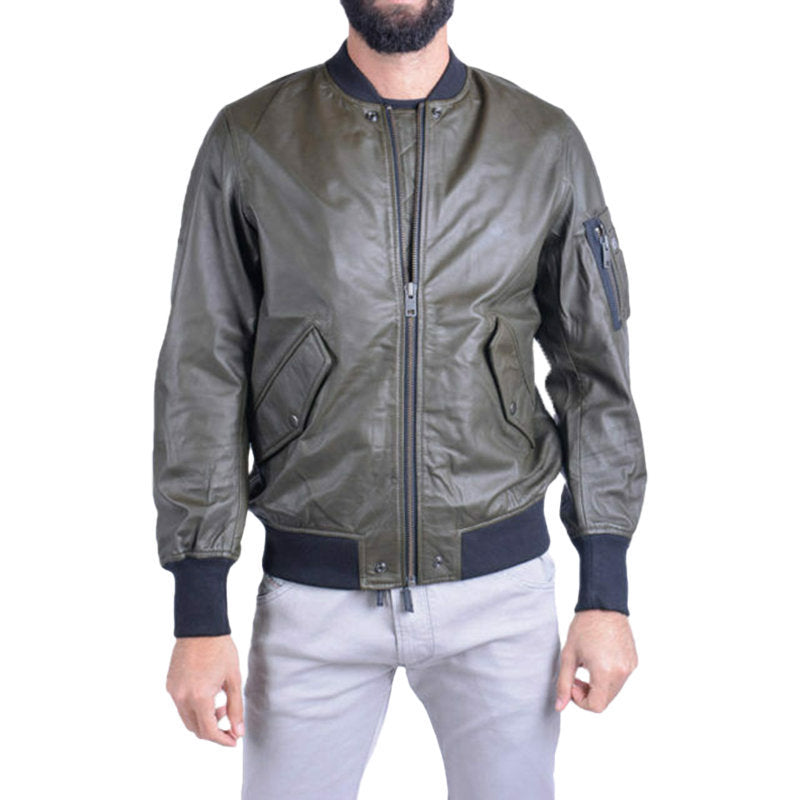 DIESEL L PARKER Mens Leather Jacket Olive Casual Quilted Winter Bomber Jacket