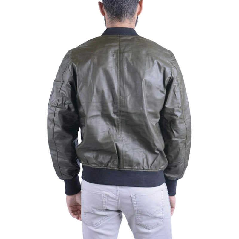 DIESEL L PARKER Mens Leather Jacket Olive Casual Quilted Winter Bomber Jacket