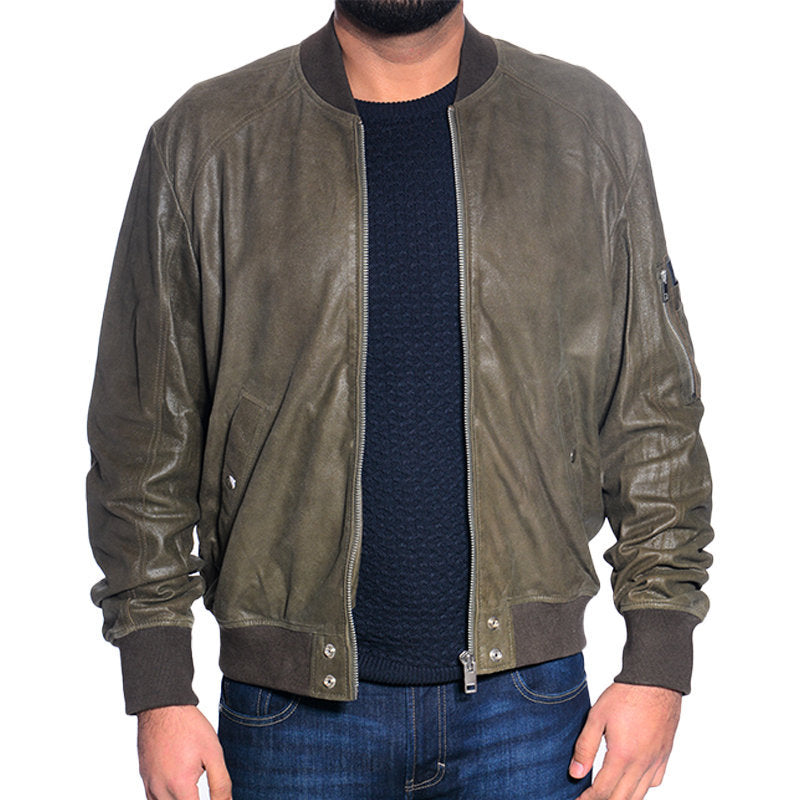 DIESEL Leather Jacket L NIKOLAI Mens Bomber Jacket Cafe Racer Olive Winter Coat