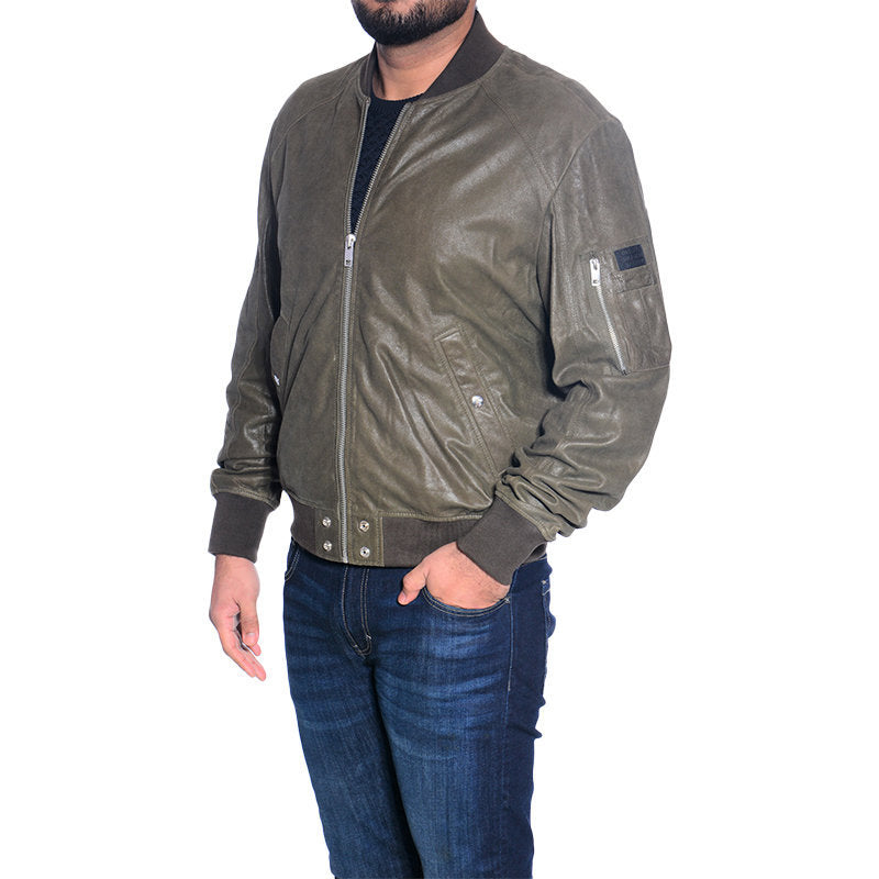 DIESEL Leather Jacket L NIKOLAI Mens Bomber Jacket Cafe Racer Olive Winter Coat