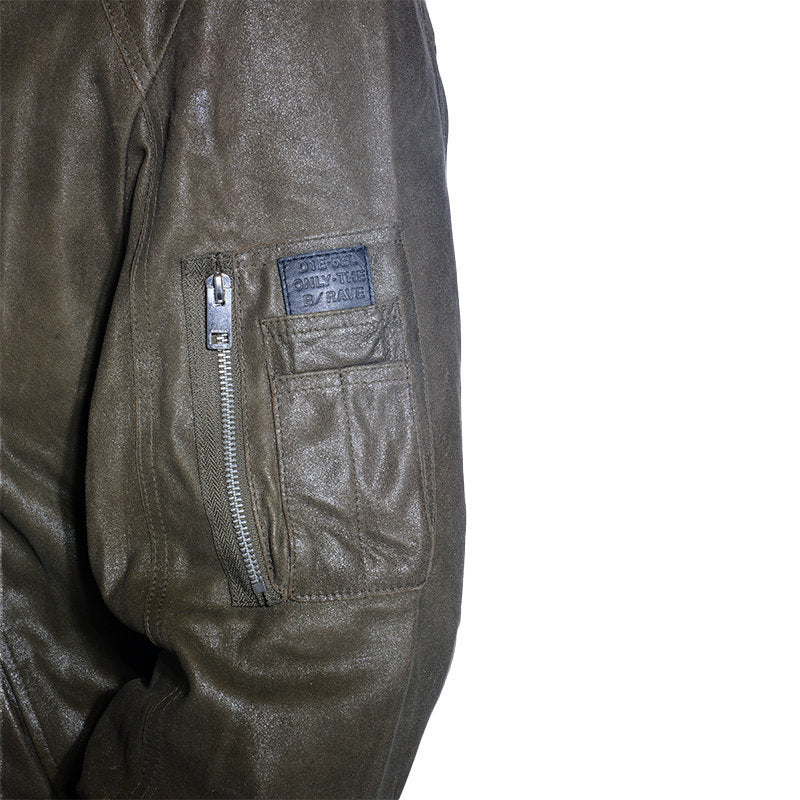 DIESEL Leather Jacket L NIKOLAI Mens Bomber Jacket Cafe Racer Olive Winter Coat