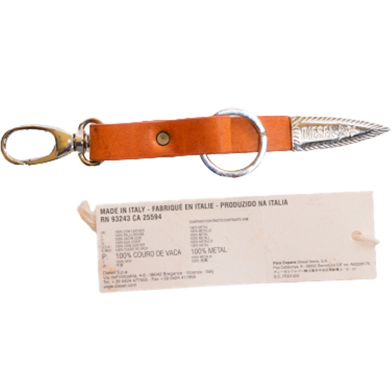 DIESEL ASEON Mens Keyring Genuine Cow Leather Metal Holder Brown Key Holder