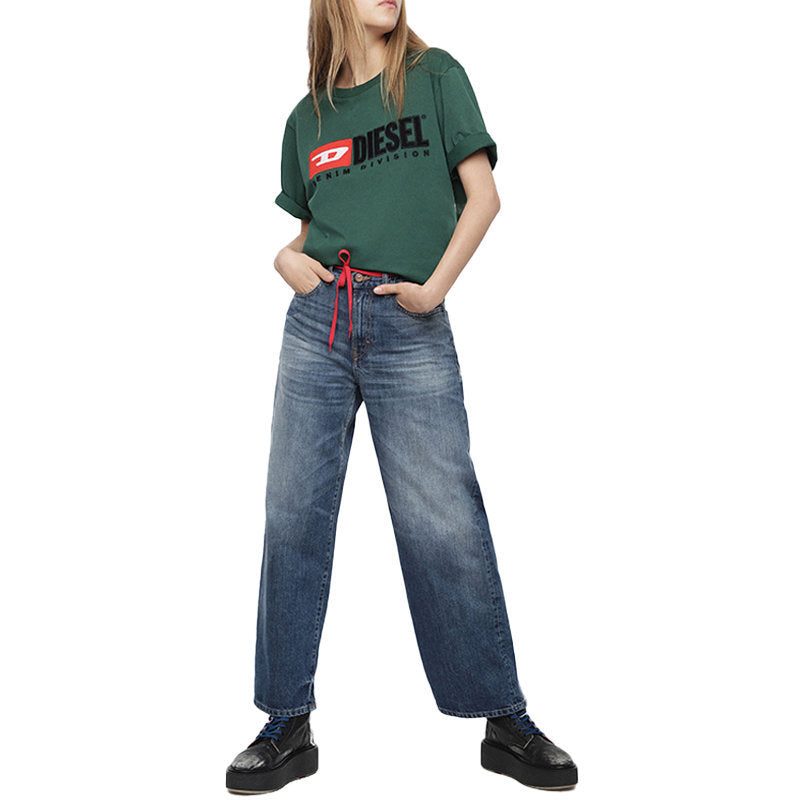 DIESEL WIDEE 085AG Womens Jeans Straight Ladies Distress Faded Denim Pants Blue