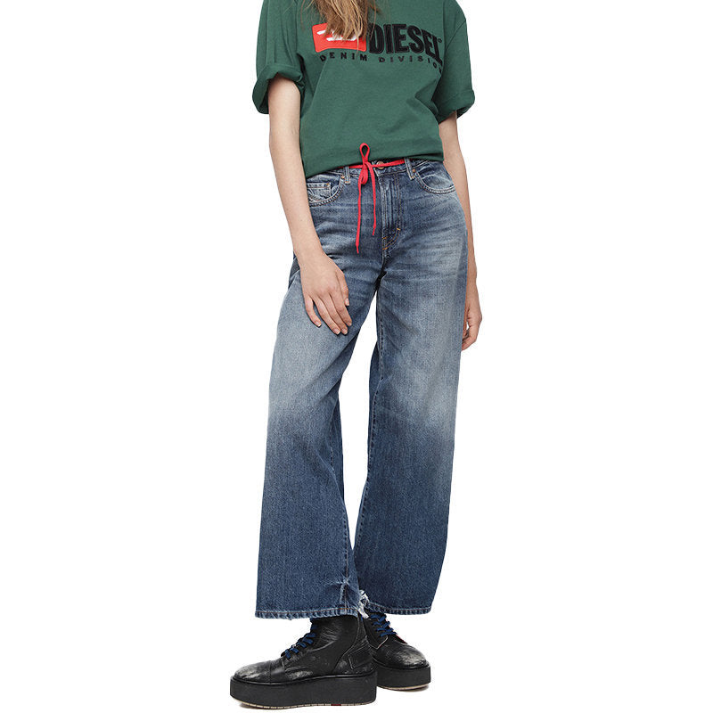 DIESEL WIDEE 085AG Womens Jeans Straight Ladies Distress Faded Denim Pants Blue