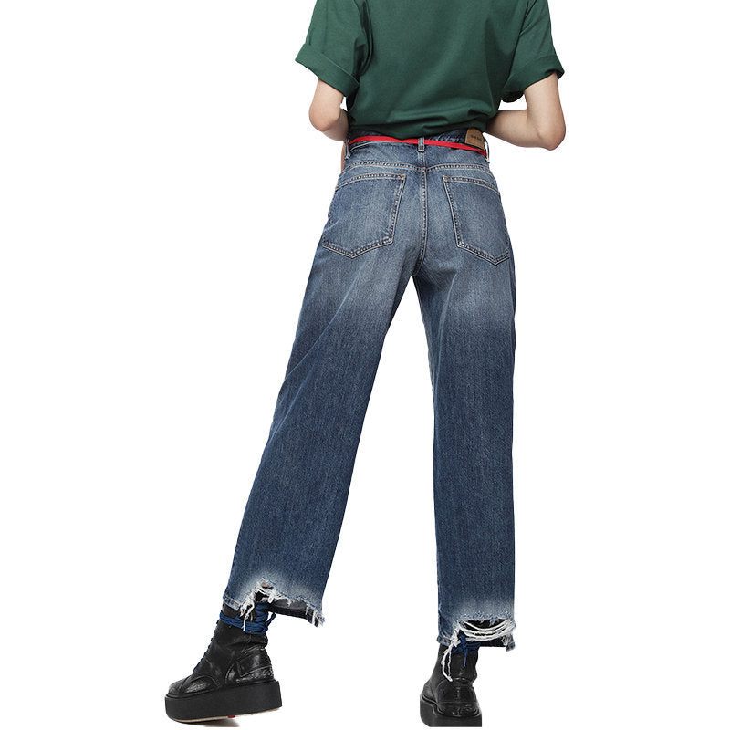 DIESEL WIDEE 085AG Womens Jeans Straight Ladies Distress Faded Denim Pants Blue