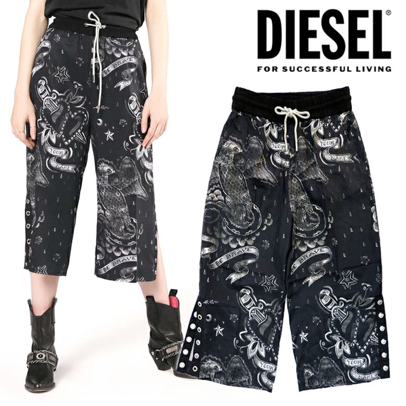 DIESEL P BALLIS 0AARA Womens Trousers Black Printed Cropped Wide Leg Pant XS M
