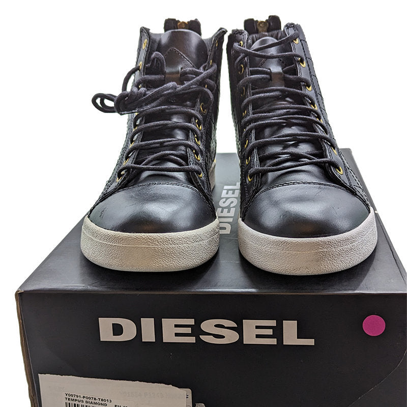 DIESEL TEMPUS DIAMOND Mens Sneakers Black Leather Lace up High Neck Trainers NEW