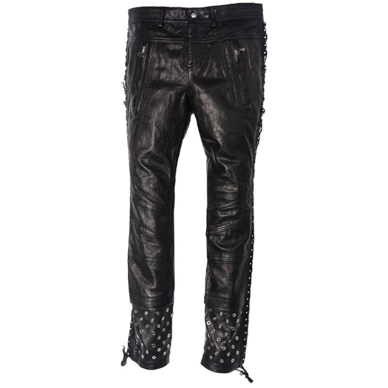 DIESEL BLACK GOLD Womens Leather Trousers Stretchy Metal Studs Black Biker Pants
