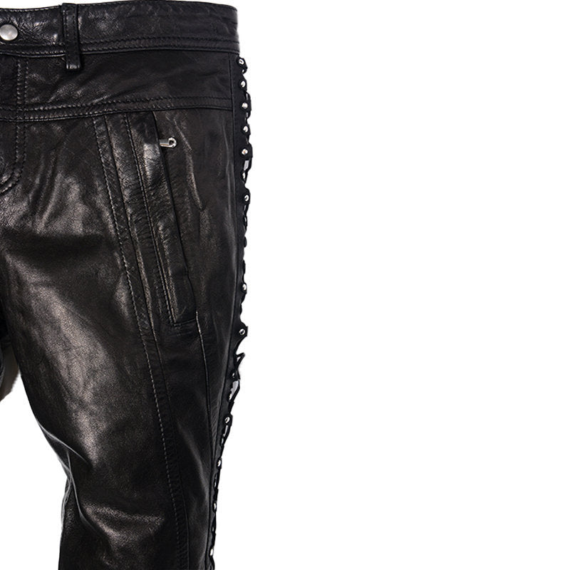 DIESEL BLACK GOLD Womens Leather Trousers Stretchy Metal Studs Black Biker Pants