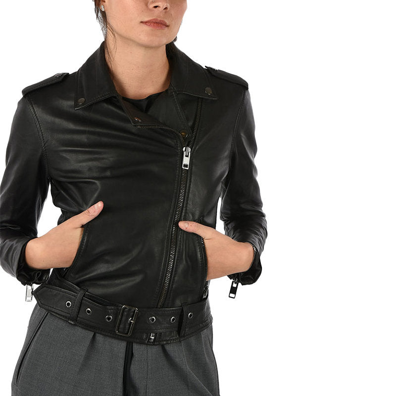 DIESEL L LUPUS G Womens Biker Jacket Black Genuine Leather Slim Fit Zipper Coat